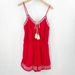 SHE + SKY Jumper Romper Size Large Red Embroidered Tassels Summer Beach Coastal
